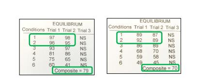 SOT results in a DS subject and an unchallenged subject (example) - normal results, but lower results in DS subjects (left) for conditions 1, 2 and for composite score